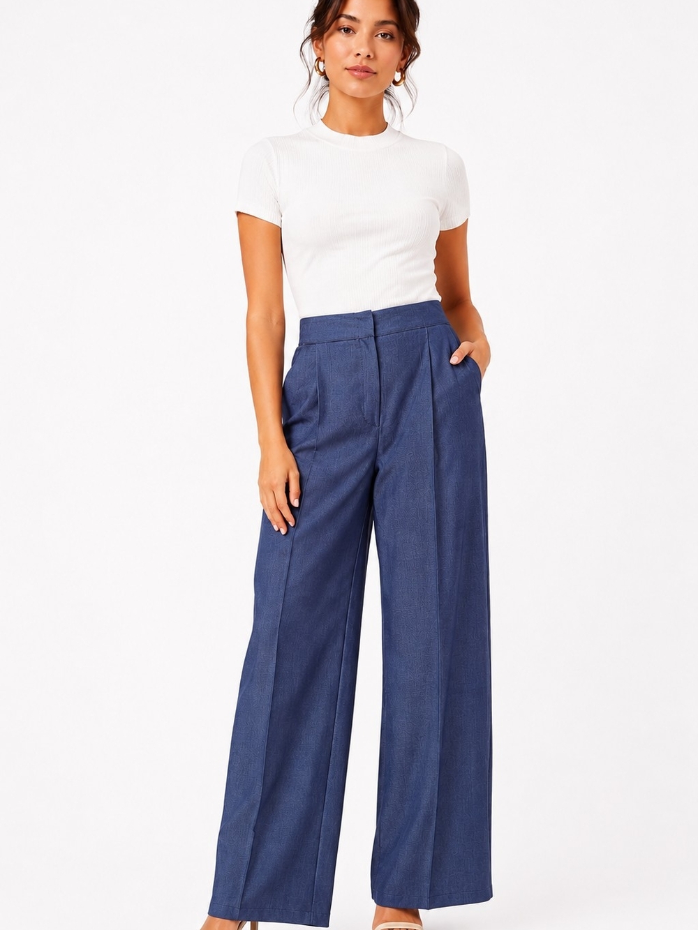 Zara Wide Leg Chambray Trousers NWT Elastic Back Large business chic